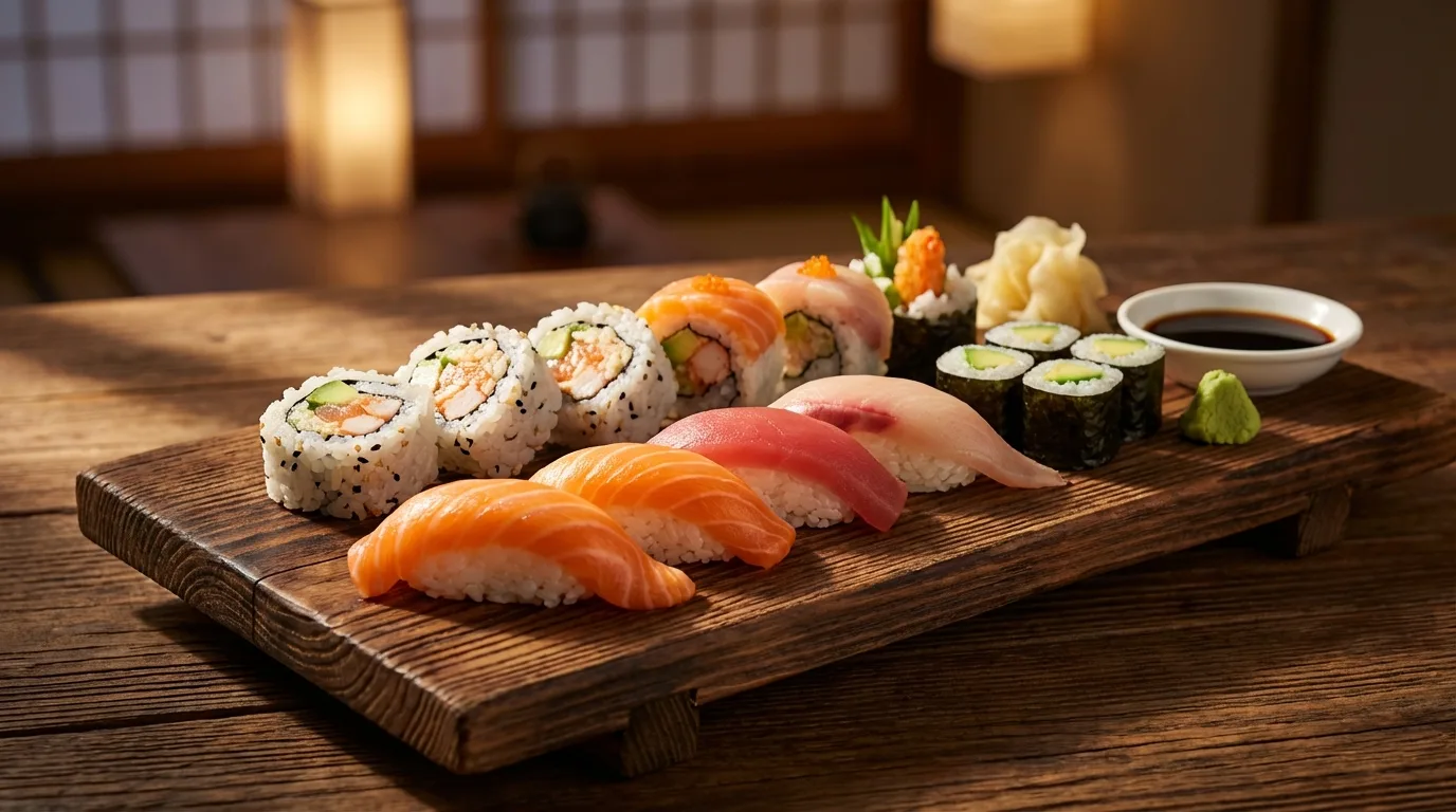 Assortment of nigiri and maki rolls made with perfectly cooked sushi rice.
