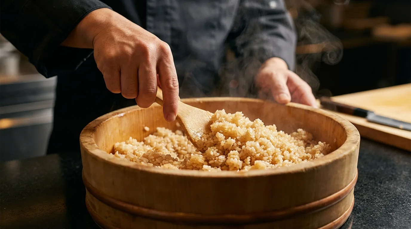 Gently mixing the rice with the seasoning, ensuring each grain is coated without being crushed.