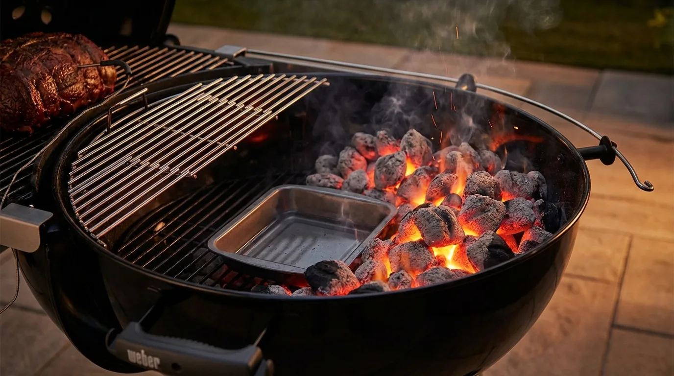 Indirect heat setup on a Weber kettle grill, perfect for preventing flare-ups when cooking larger cuts of meat.
