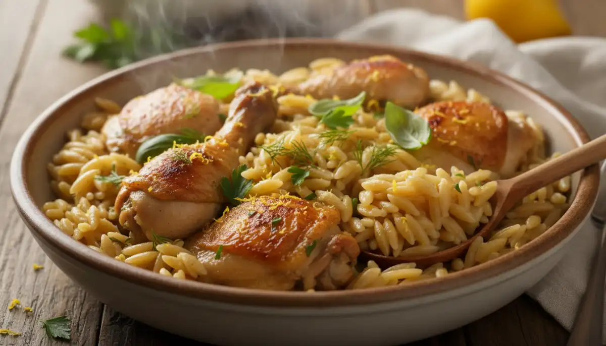 This appetizing image showcases the delicious results of the one-pot lemon herb chicken and orzo recipe, highlighting the tender textures and vibrant flavors achievable even with minimal effort after a long day.