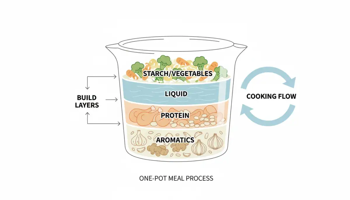 This visual guide breaks down the fundamental steps of building a flavorful one-pot meal, demonstrating how each ingredient layer contributes to a cohesive and delicious dish, perfect for busy weeknights.